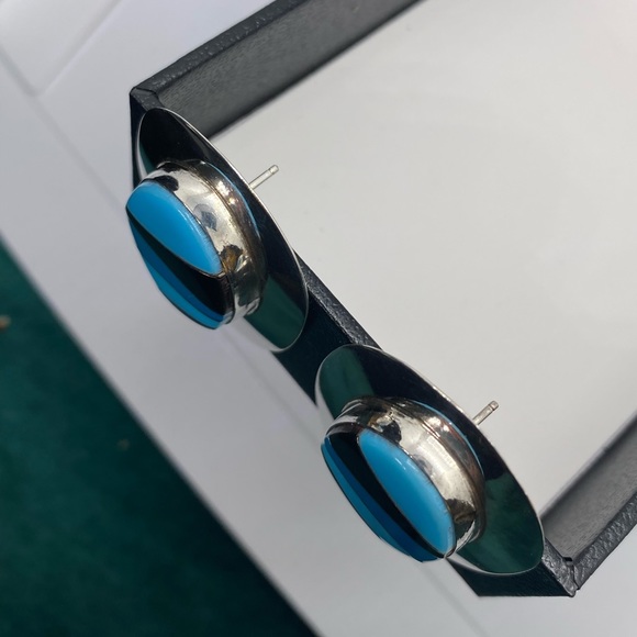 Sterling Silver Block Multi Stone Inlay Post Earrings SIGNED turquoise Navajo - Picture 8 of 16